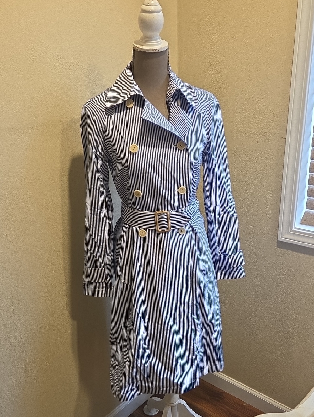 Striped Blue Double-Breasted Trench Coat with Belt